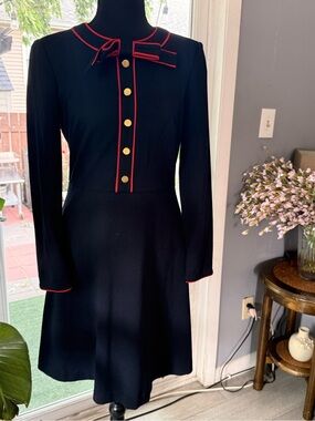 1901 Navy  Long-Sleeve A-Line Dress with Red Trim and Gold Buttons